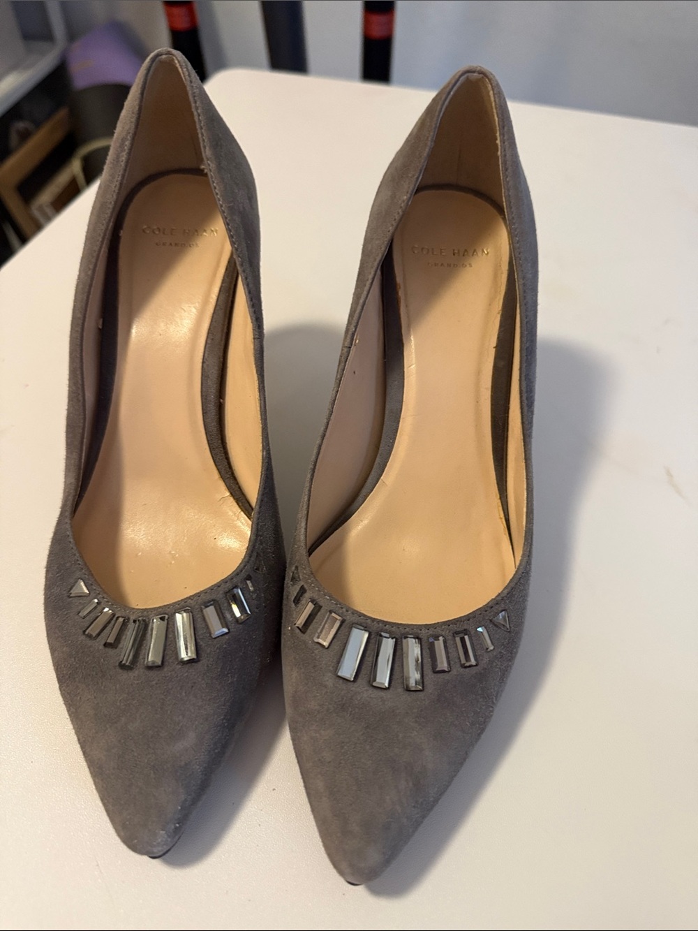 Cole Haan Gray Suede Pointed Toe Heels with Faceted Metallic Accents